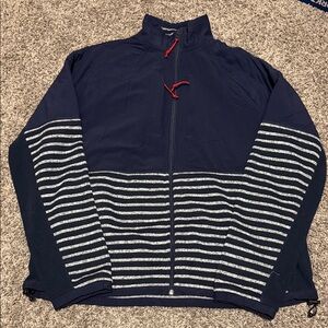 NWOT J Crew Navy and Gray Striped Fleece Jacket